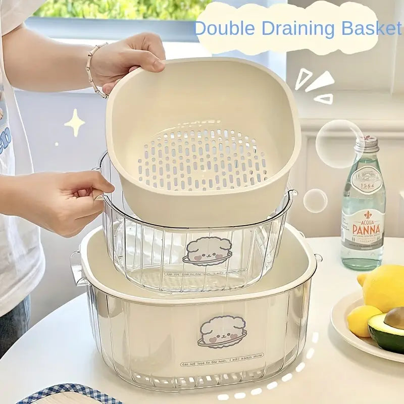 6pcs Double Layer Fruit & Veggie Drain Basket Set - Deep Wash & Strain Bowl