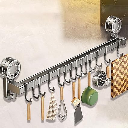 Kitchen Suction Cup Hanging Rod with Multi-Hooks (5 to 14 Hook Variants)