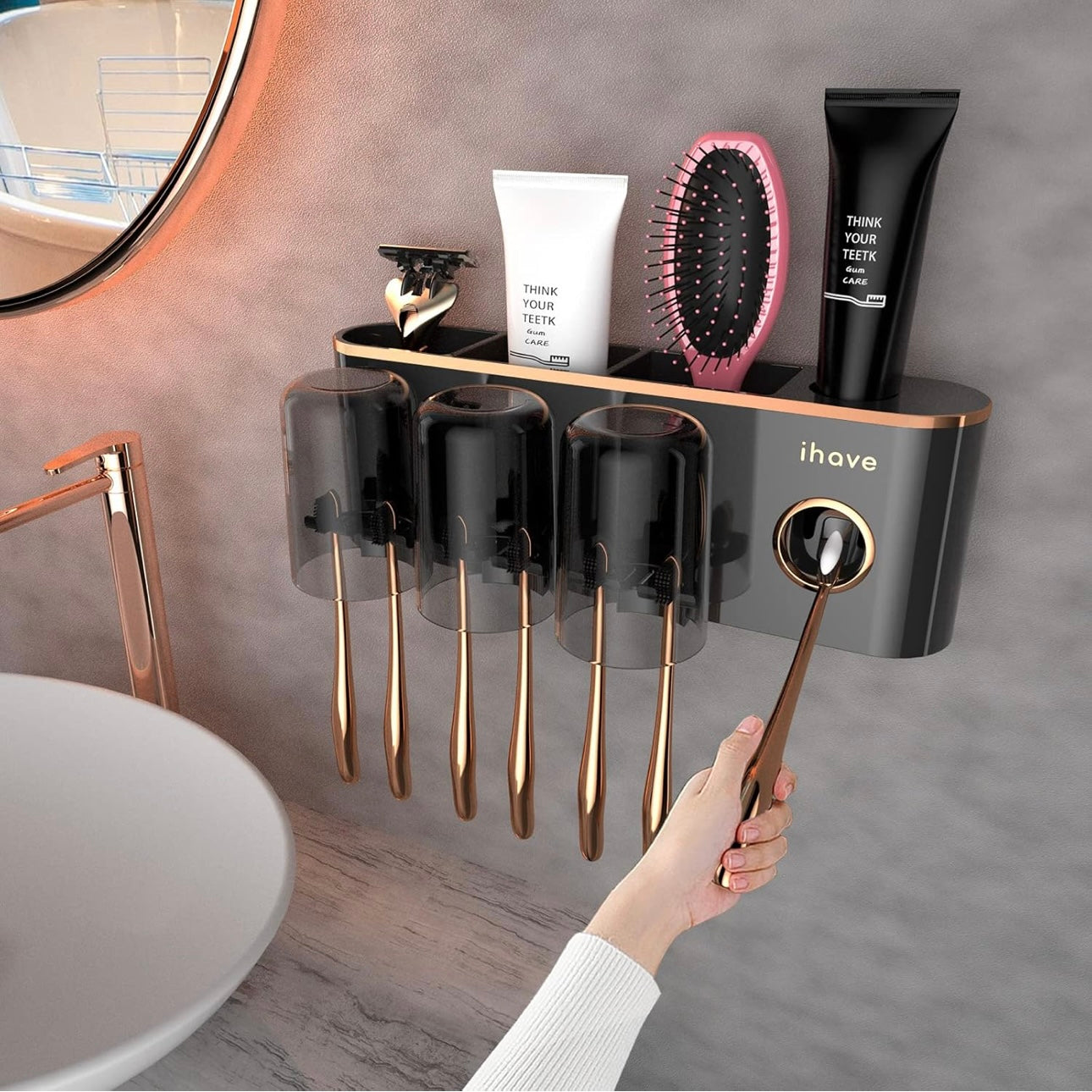 Wall-Mounted Toothbrush Holder & Toothpaste Dispenser Set