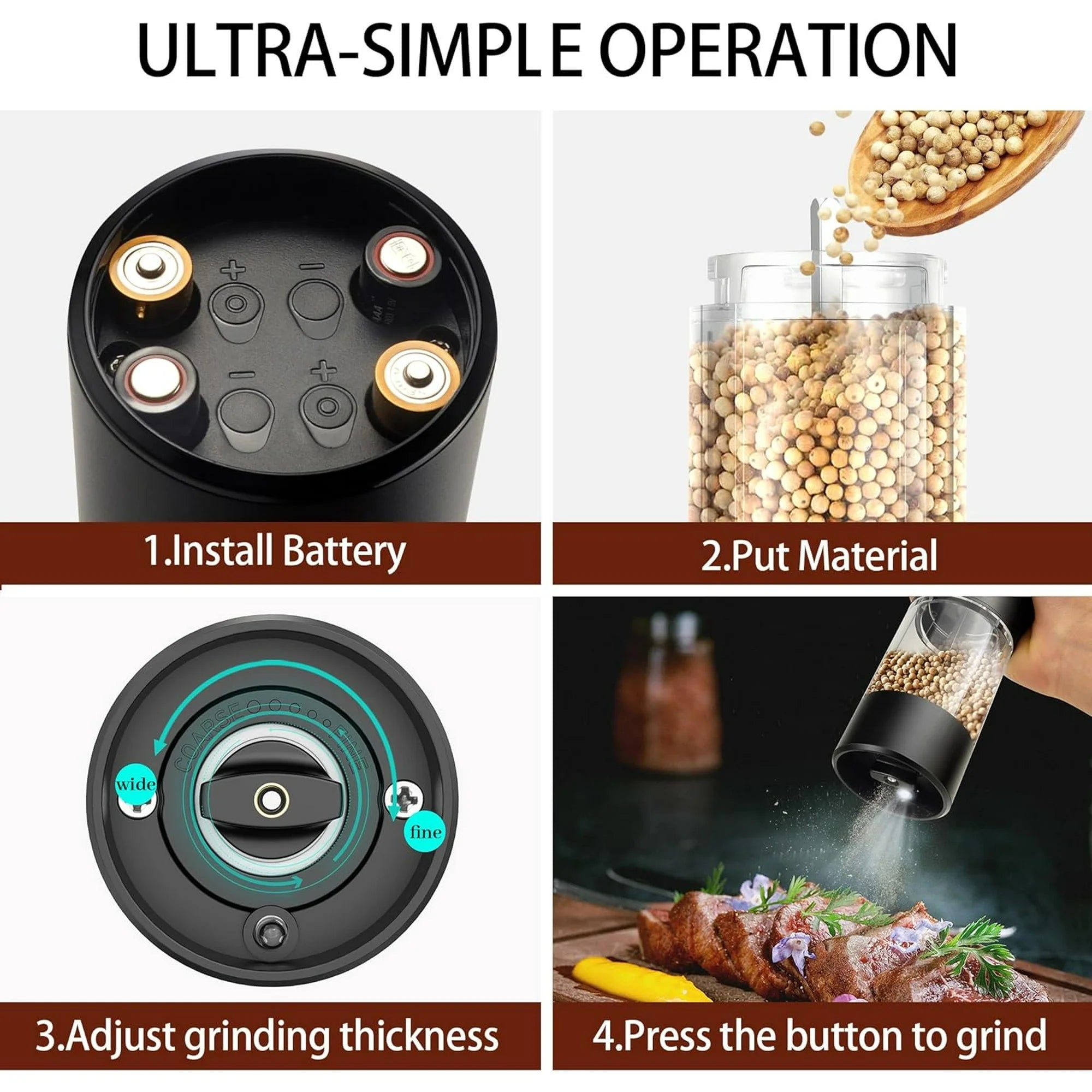 Electric Salt & Pepper Grinder Set with LED Light & Adjustable Coarseness